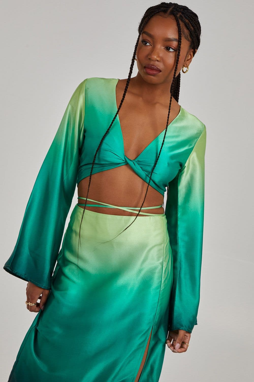 Pink Vanilla Women's Twist Front Long Sleeve Top in Green