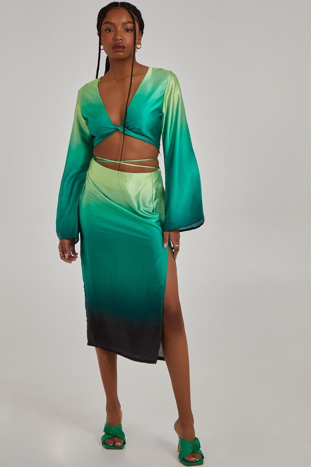 Pink Vanilla Women's Tie Waist Ombre Midi Skirt in Green