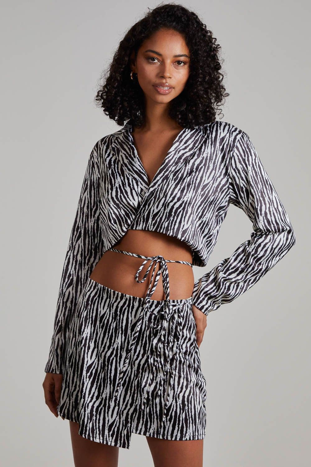 Pink Vanilla Women's Tie Waist Satin Zebra Top in Black
