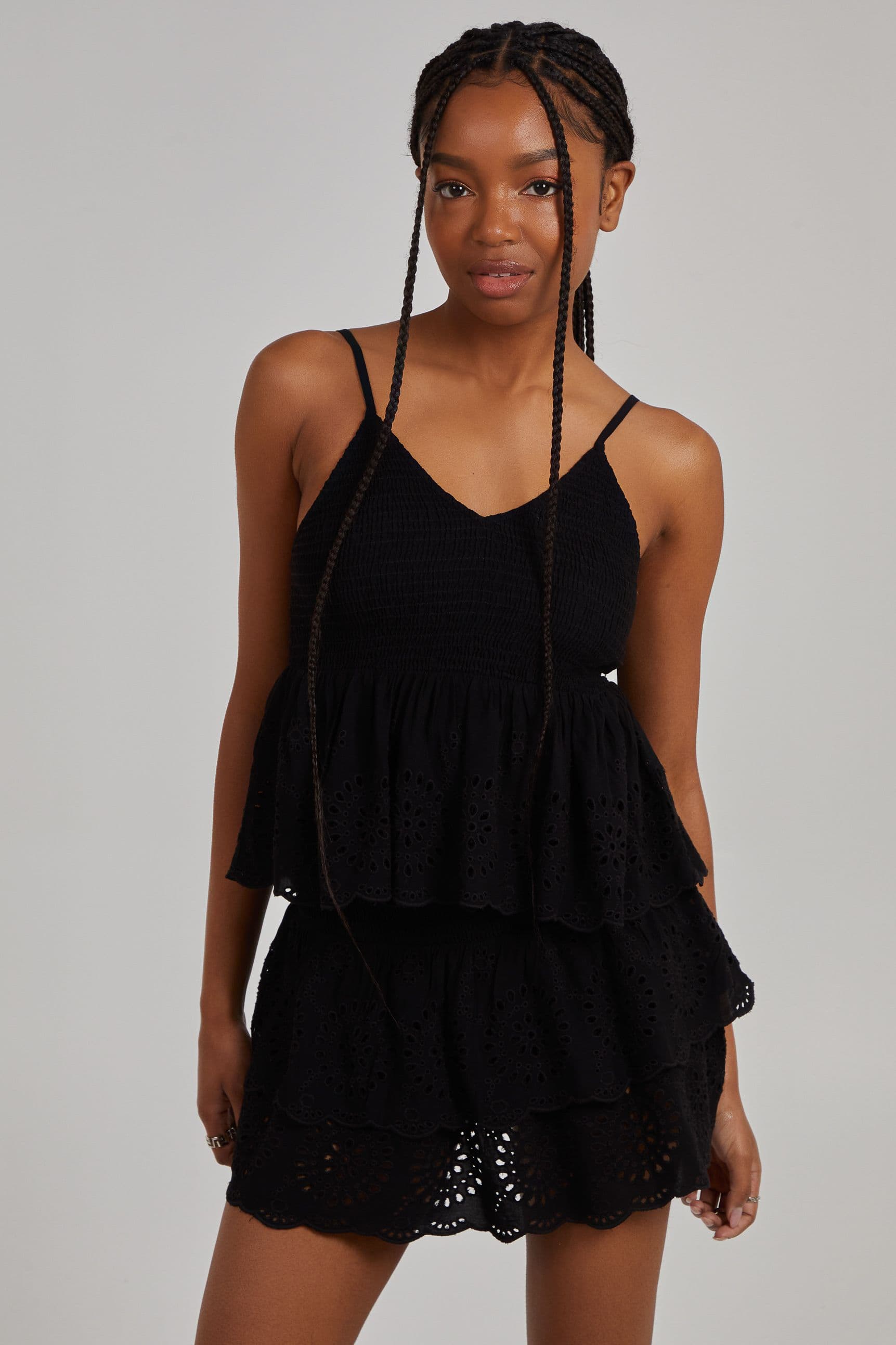 Pink Vanilla Women's Shirred Broderie Crop Top in Black