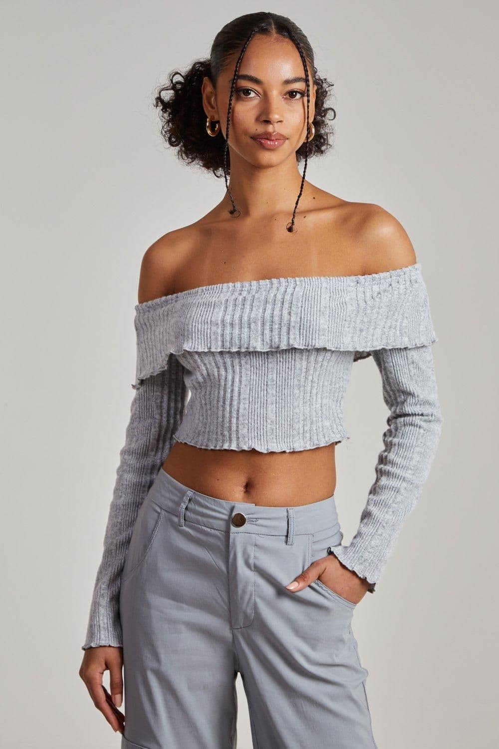 Pink Vanilla Women's Wide Brushed Ribbed Bardot Top in Grey