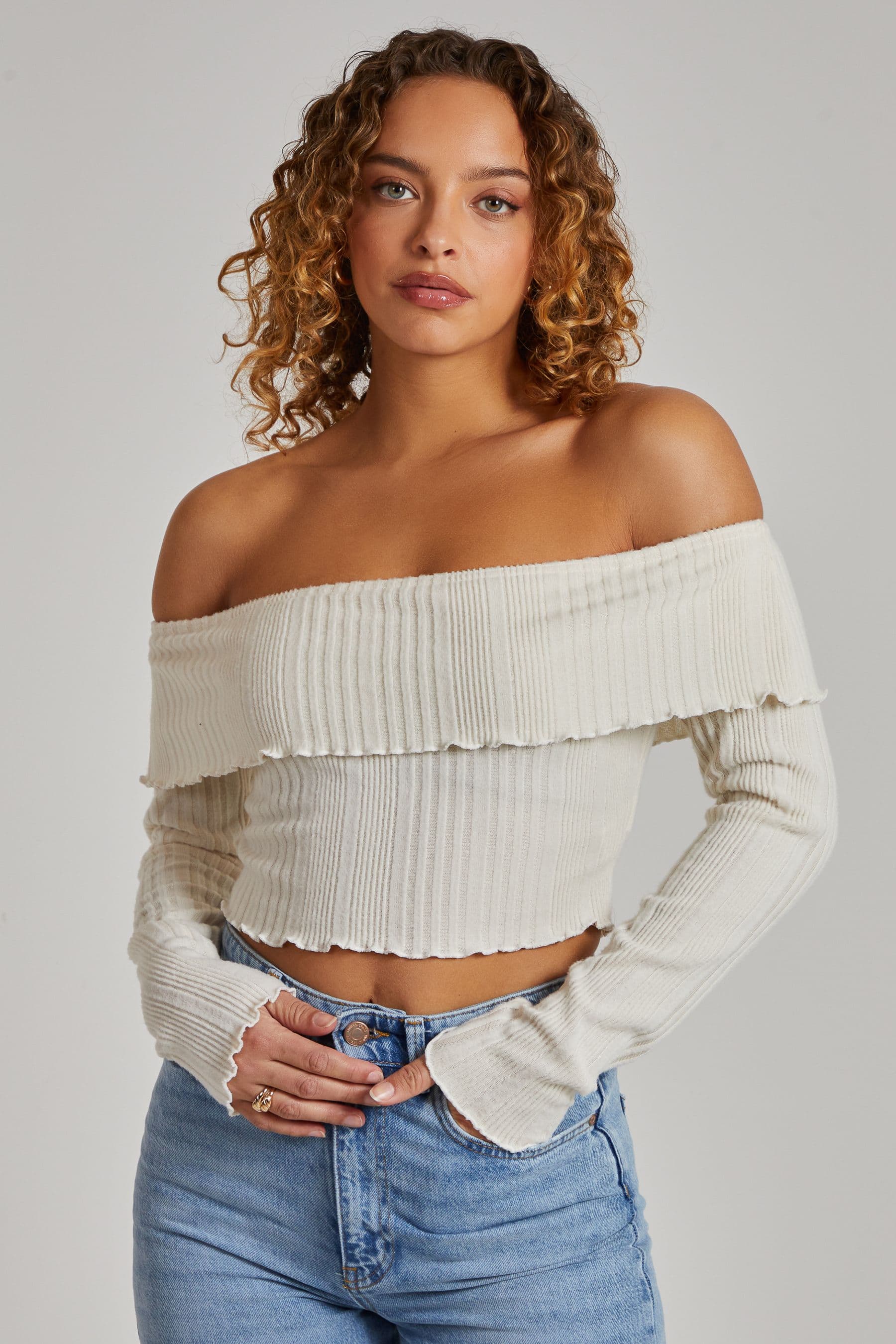 Pink Vanilla Women's Wide Brushed Ribbed Bardot Top in Ivory