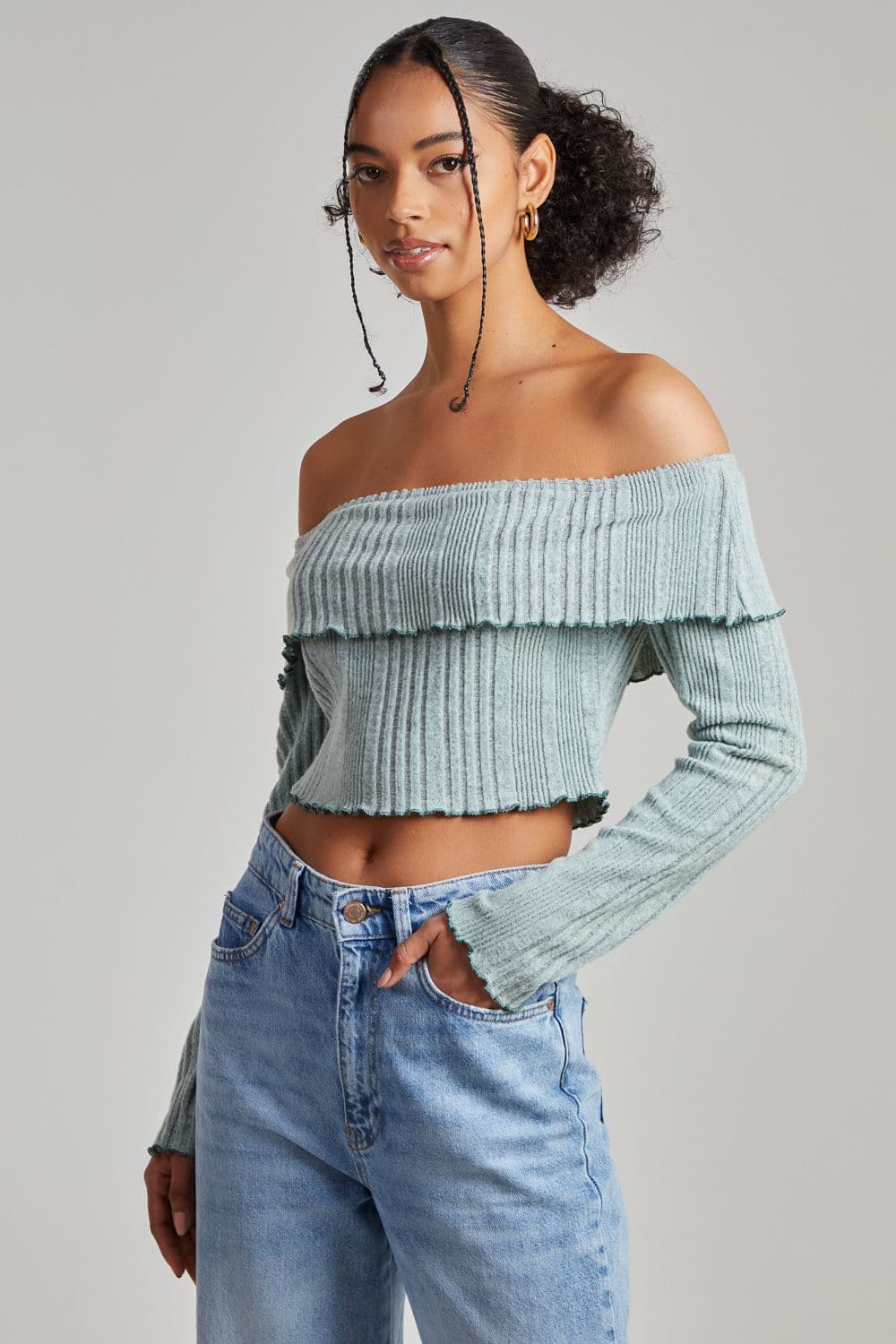 Pink Vanilla Women's Wide Brushed Ribbed Bardot Top in Green