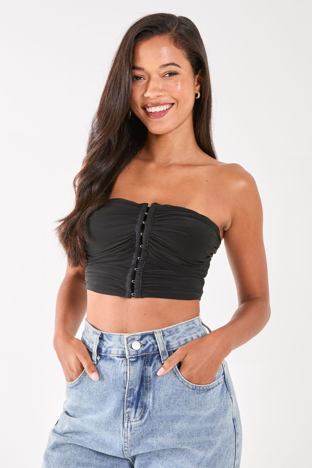 Pink Vanilla Women's Eyelet Detail Corset Top in Black