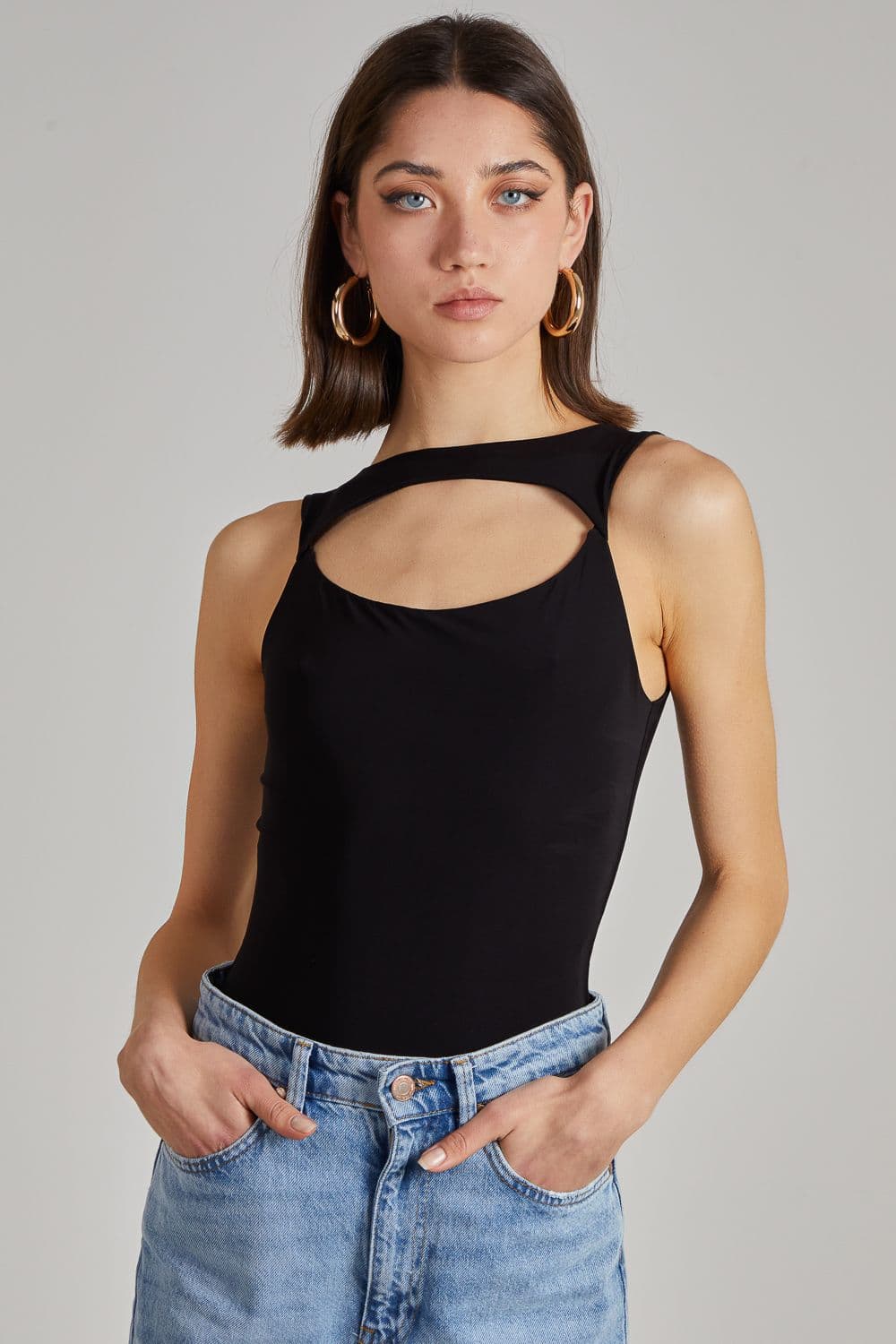 Pink Vanilla Women's Slinky Sleeveless Letterbox Bodysuit in Black