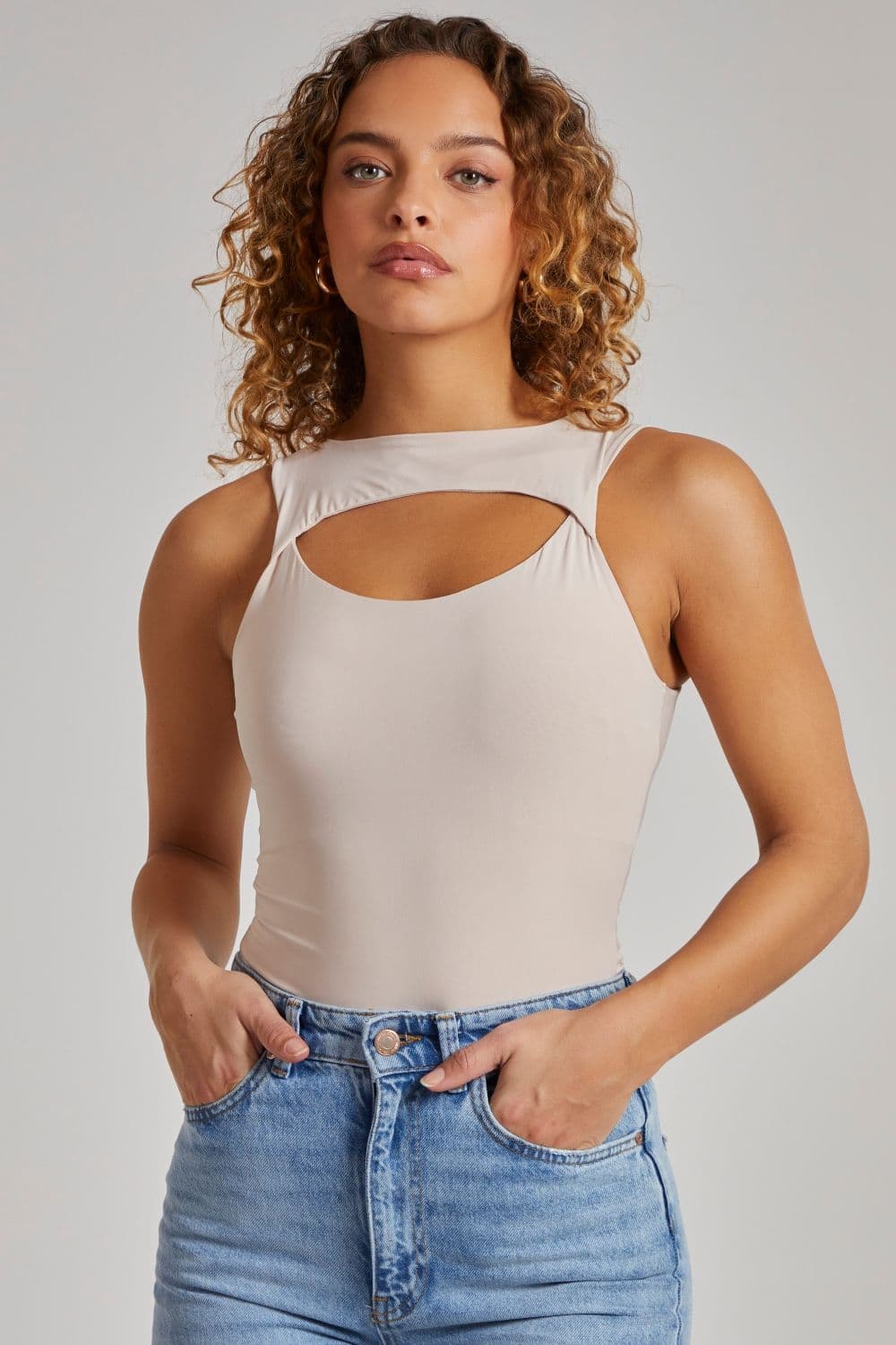 Pink Vanilla Women's Slinky Sleeveless Letterbox Bodysuit in Off-White