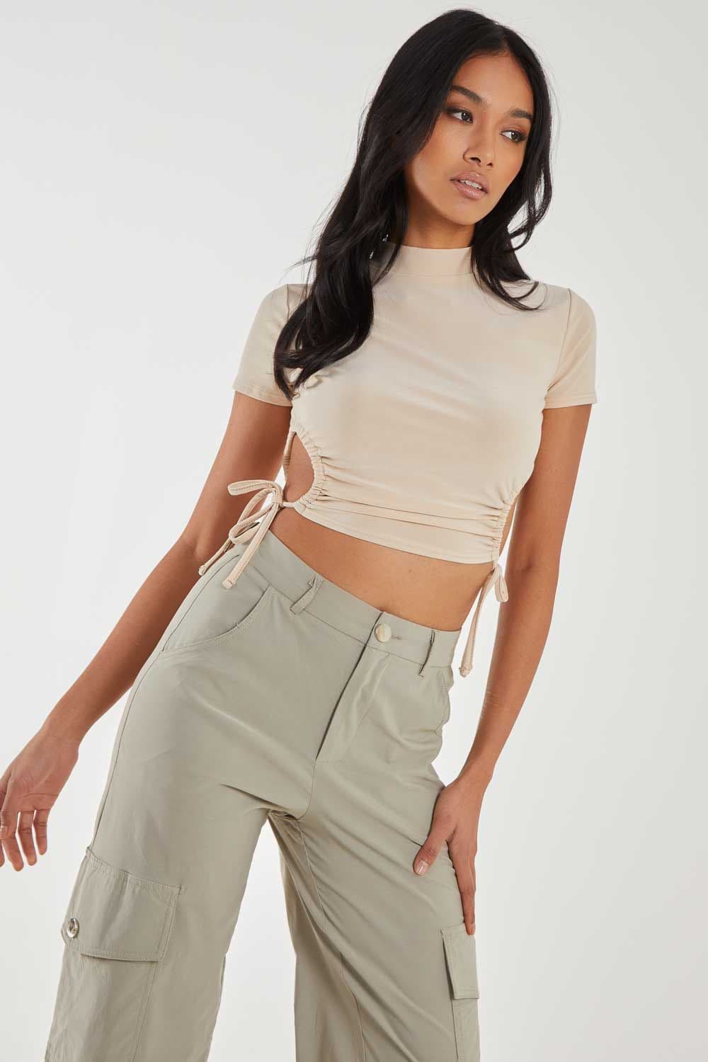 Pink Vanilla Women's Tide Side High Neck Top in Stone