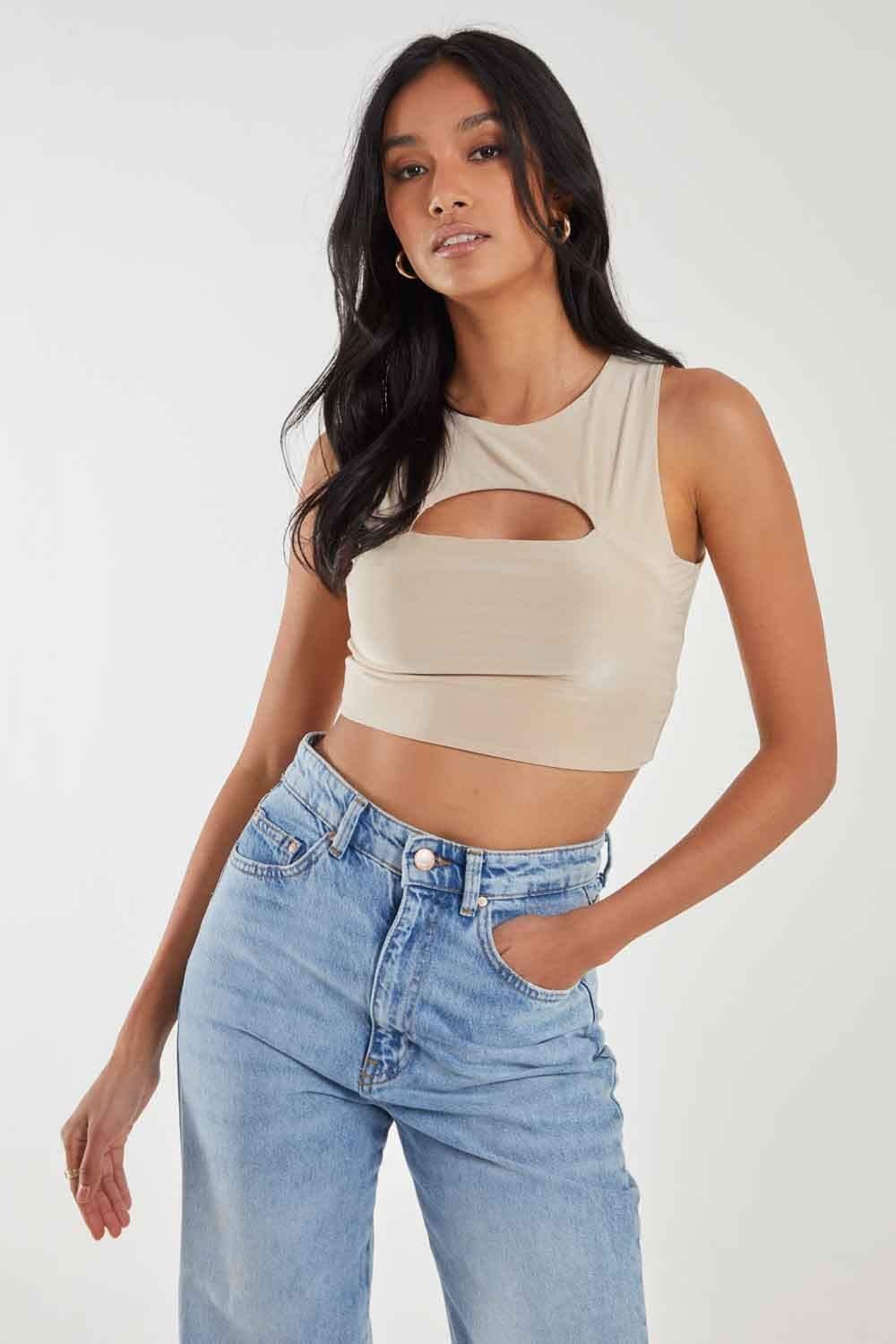 Pink Vanilla Women's Letterbox Slinky Crop Top in Stone
