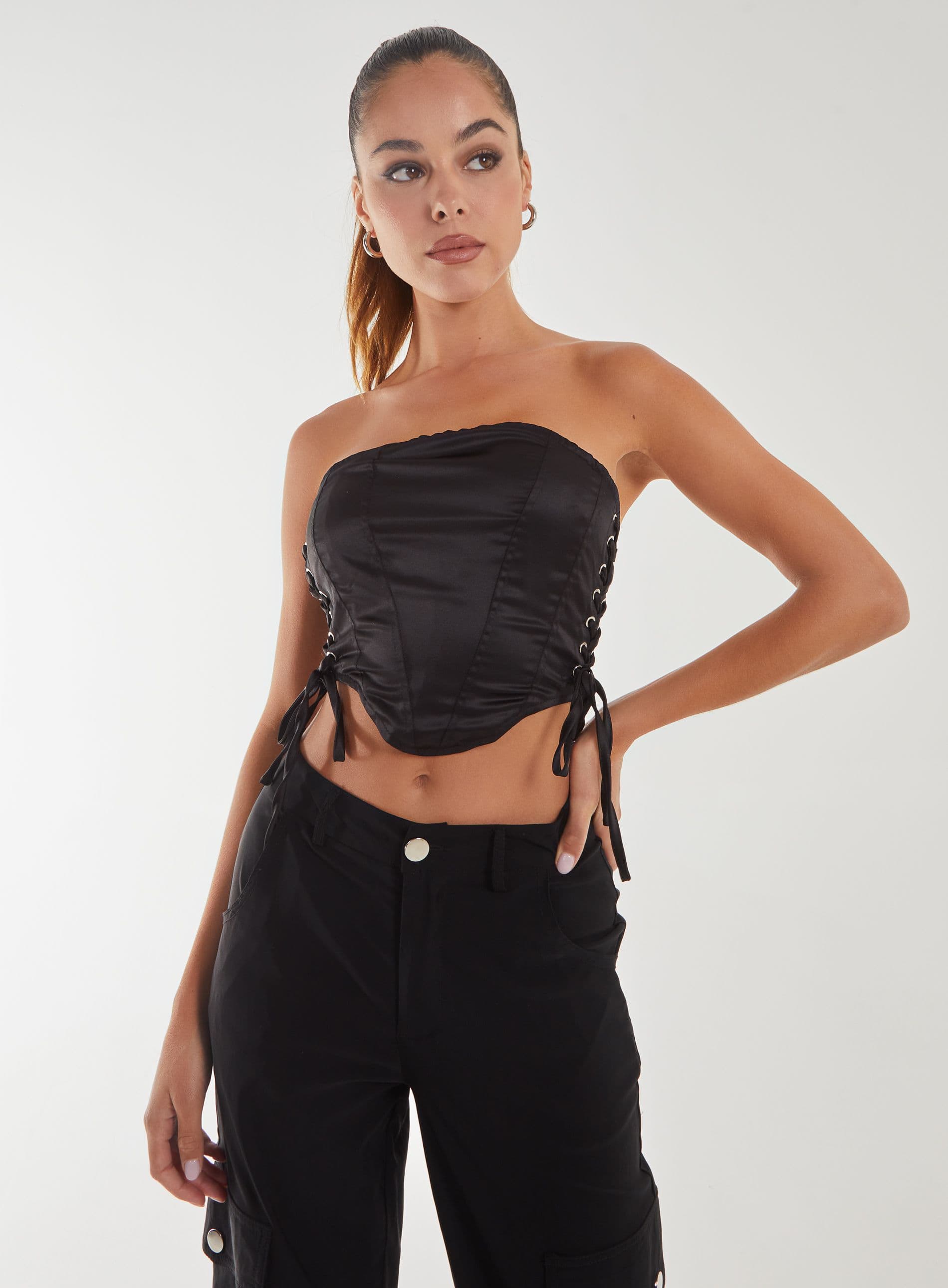 Pink Vanilla Women's Lace Up Corset Top in Black