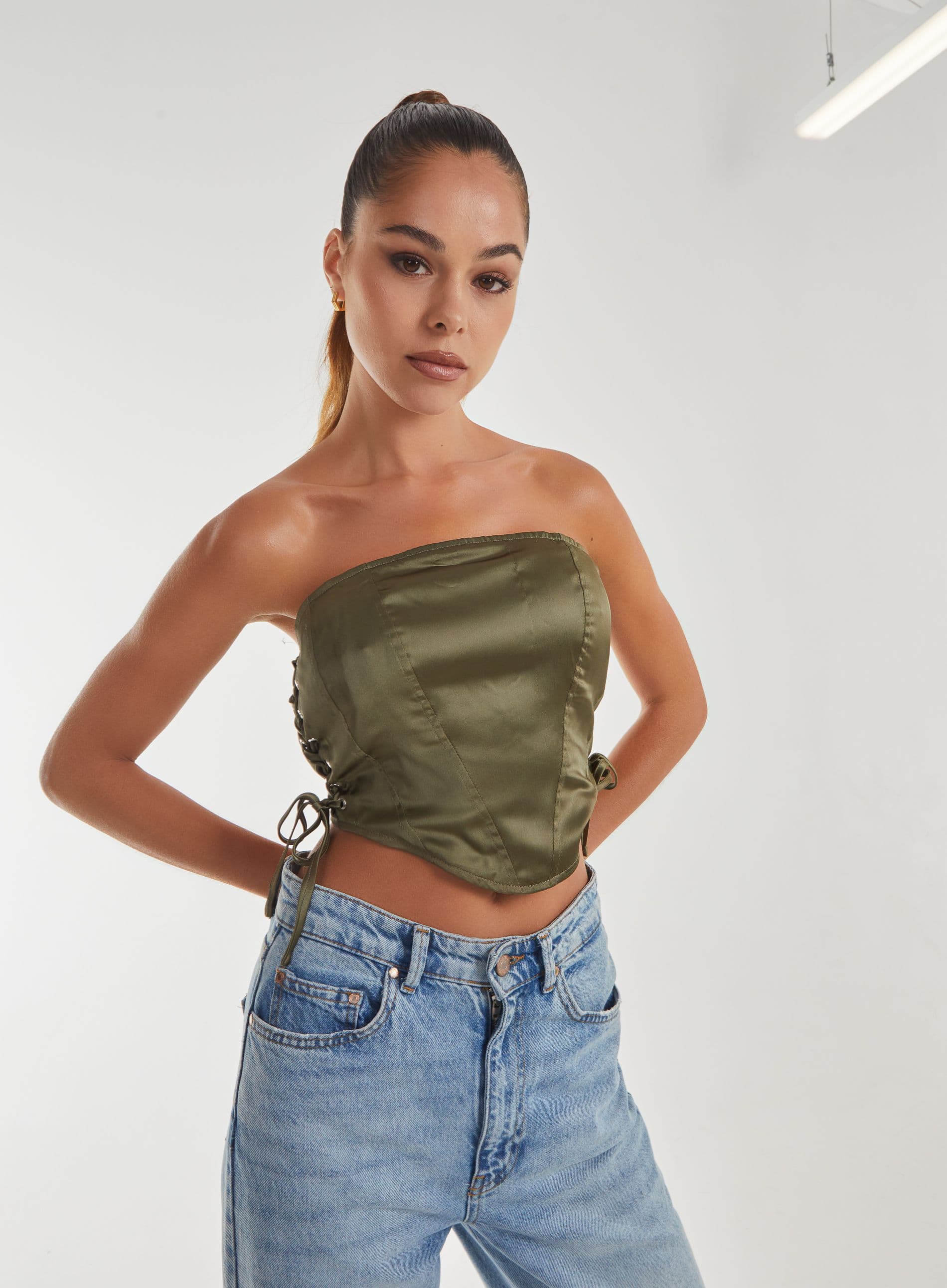 Pink Vanilla Women's Lace Up Corset Top in Khaki