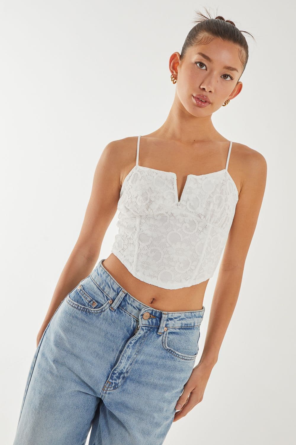 Pink Vanilla Women's V-Detail Lace Strappy Top in Ivory