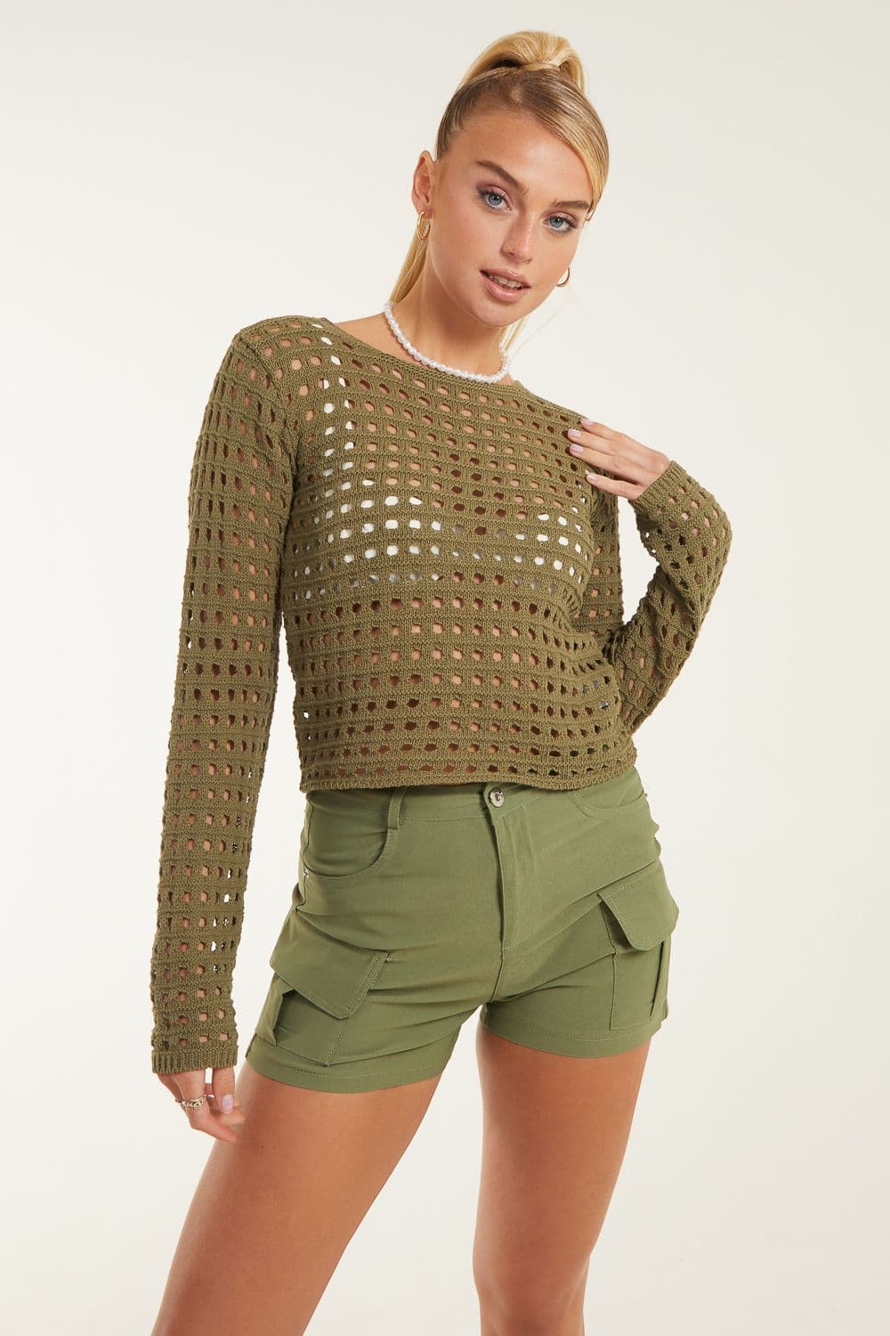 Pink Vanilla Women's Long Sleeve Crochet Top in Khaki