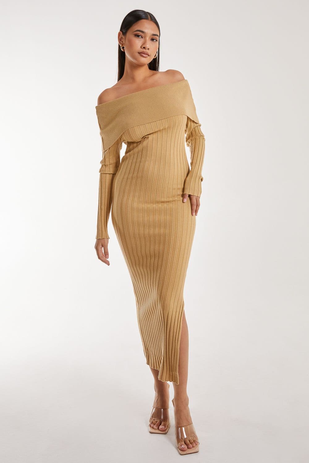 Pink Vanilla Women's Bardot Ribbed Knit Midi Dress in Camel
