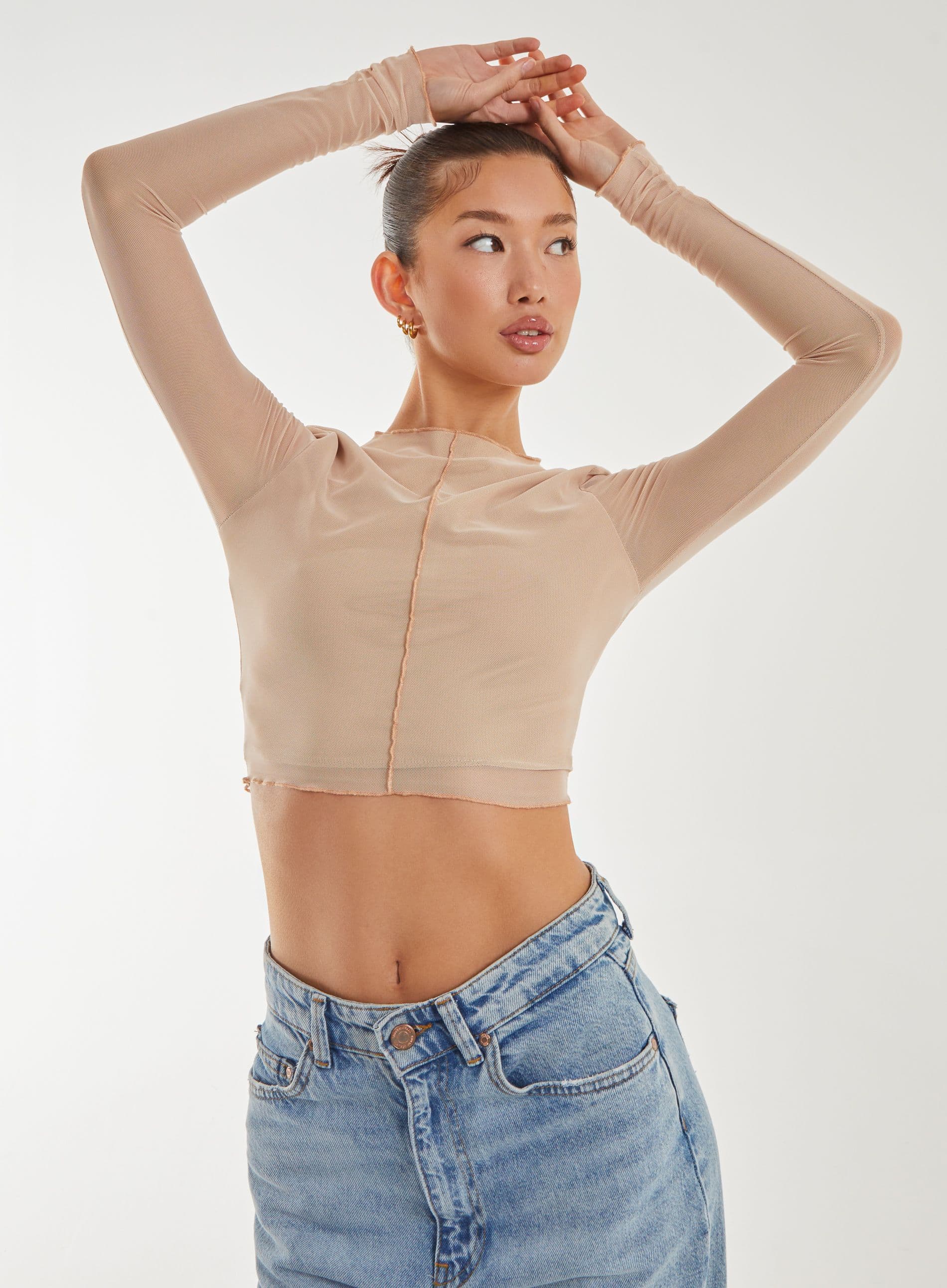 Pink Vanilla Women's Mesh Bodycon Crop Top in Nude