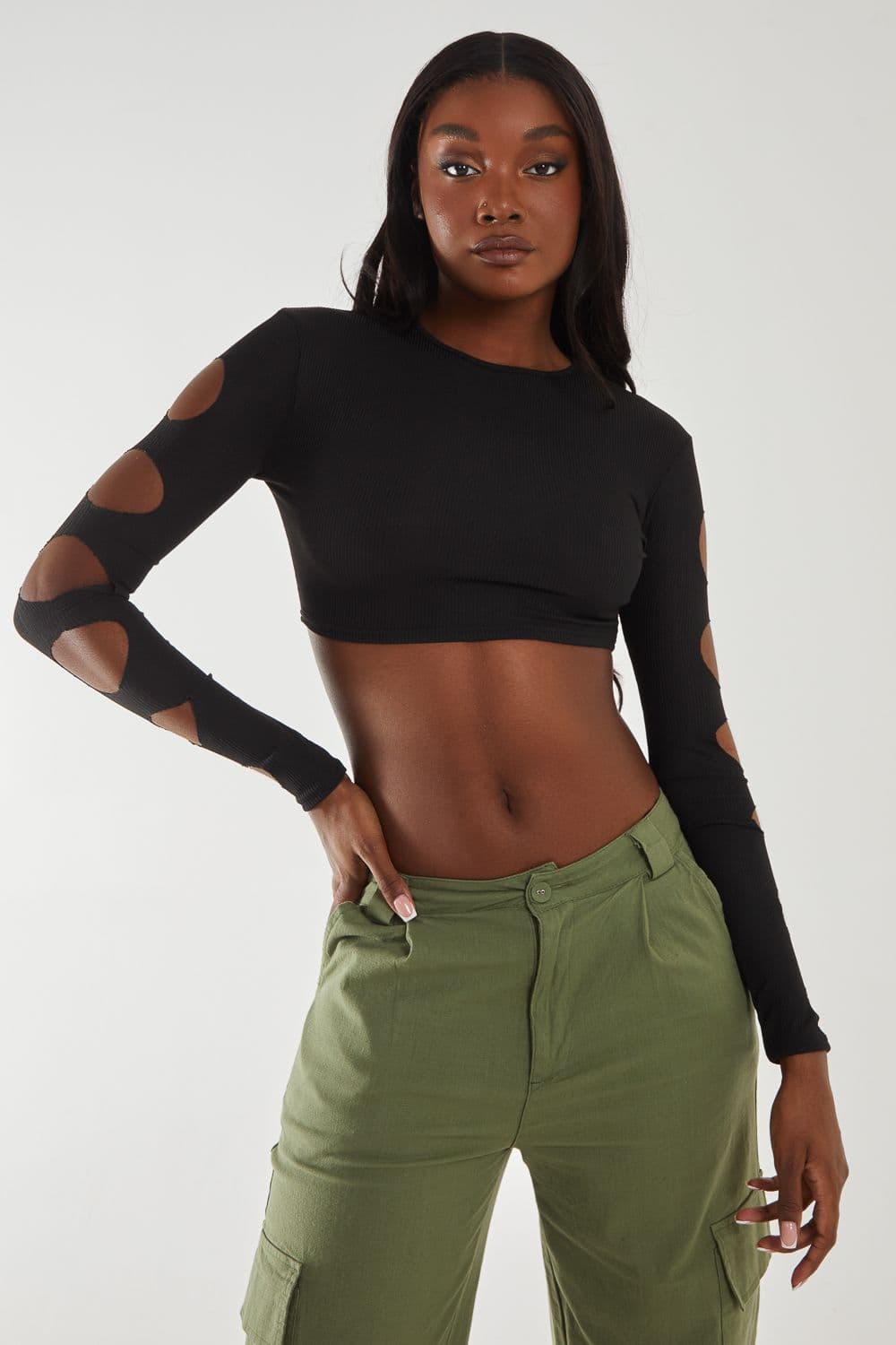 Pink Vanilla Women's Ribbed Long Sleeve Cut Out Top in Black