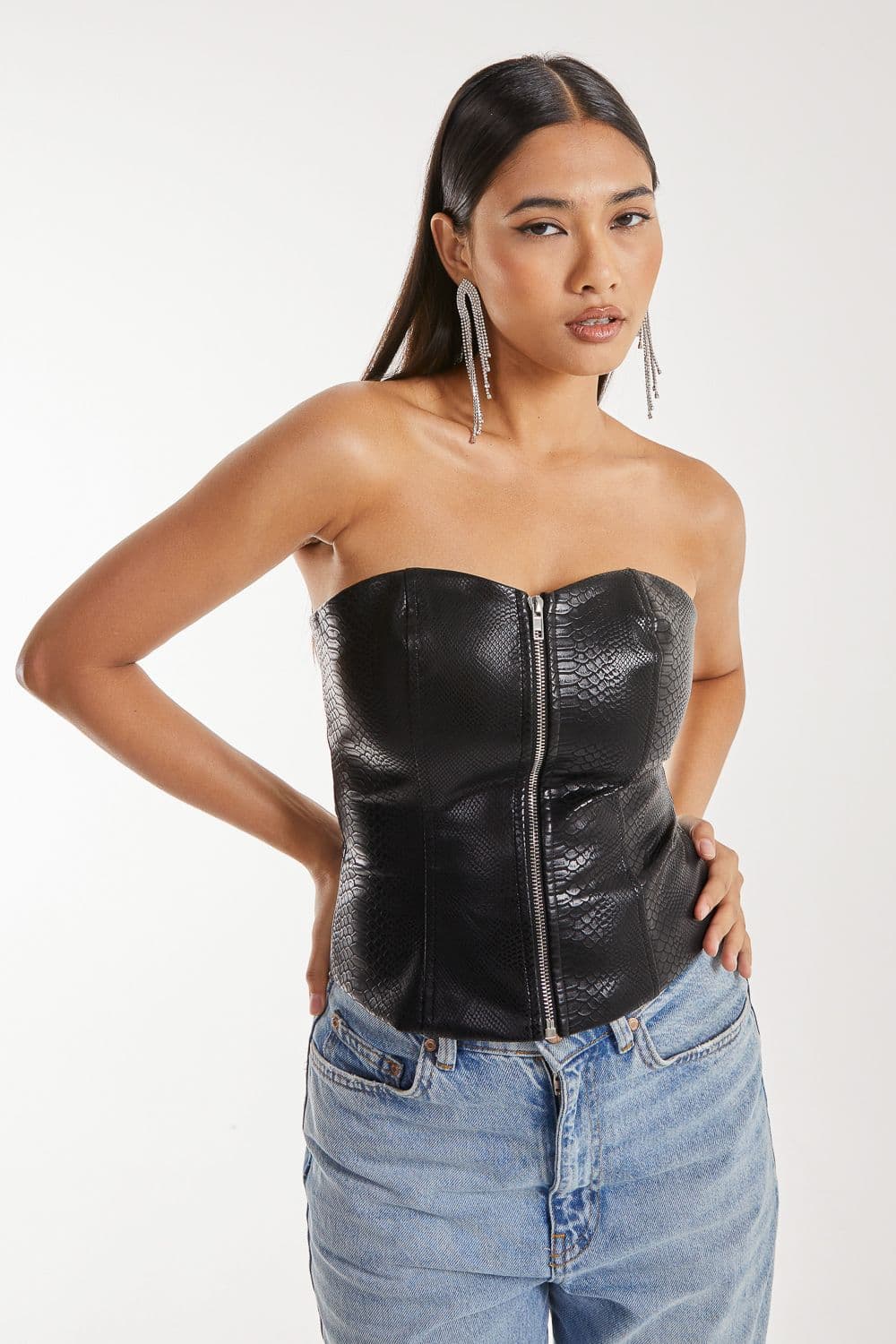 Pink Vanilla Women's Snake PU Lace Up Corset Top in Black