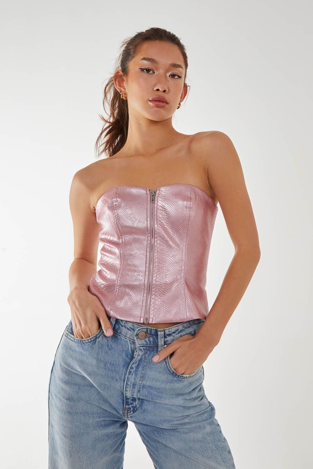 Pink Vanilla Women's Snake PU Lace Up Corset Top in Pink