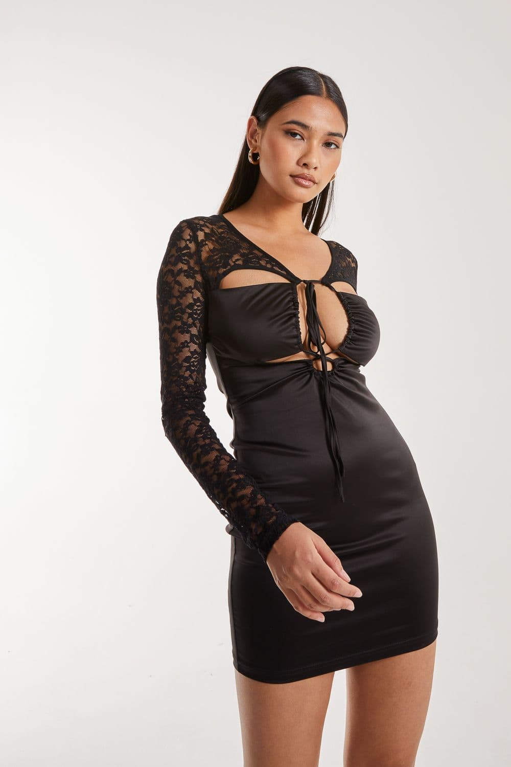 Pink Vanilla Women's Lace Long Sleeve Cut Out Mini Dress in Black