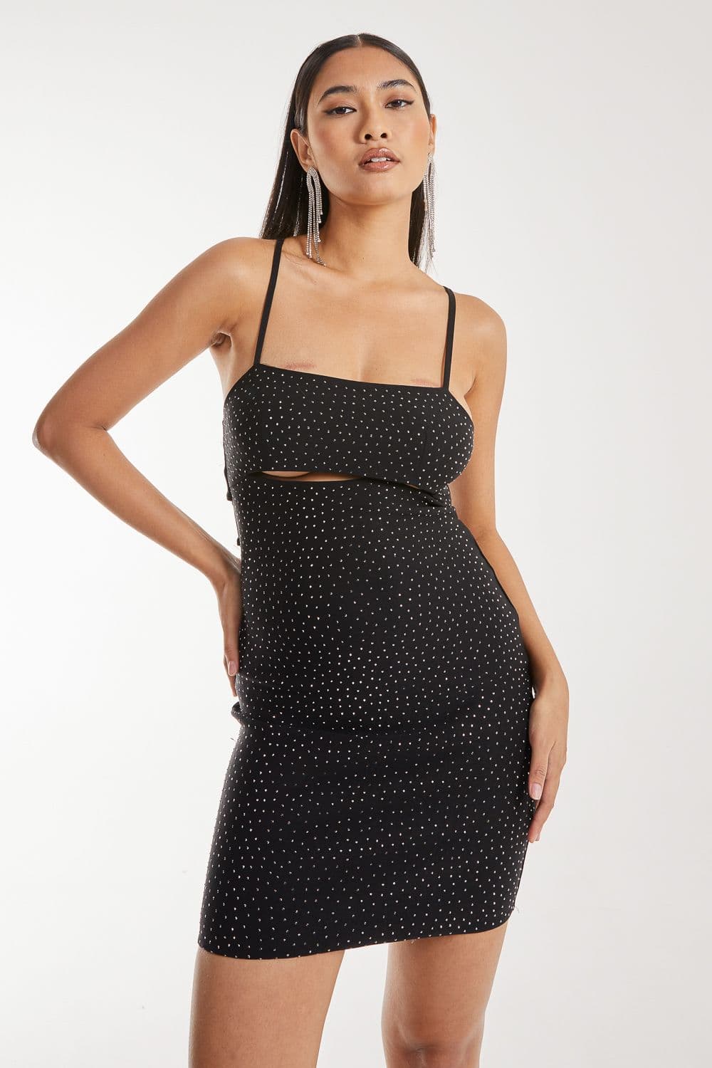 Pink Vanilla Women's Diamante Peekaboo Mini Dress in Black