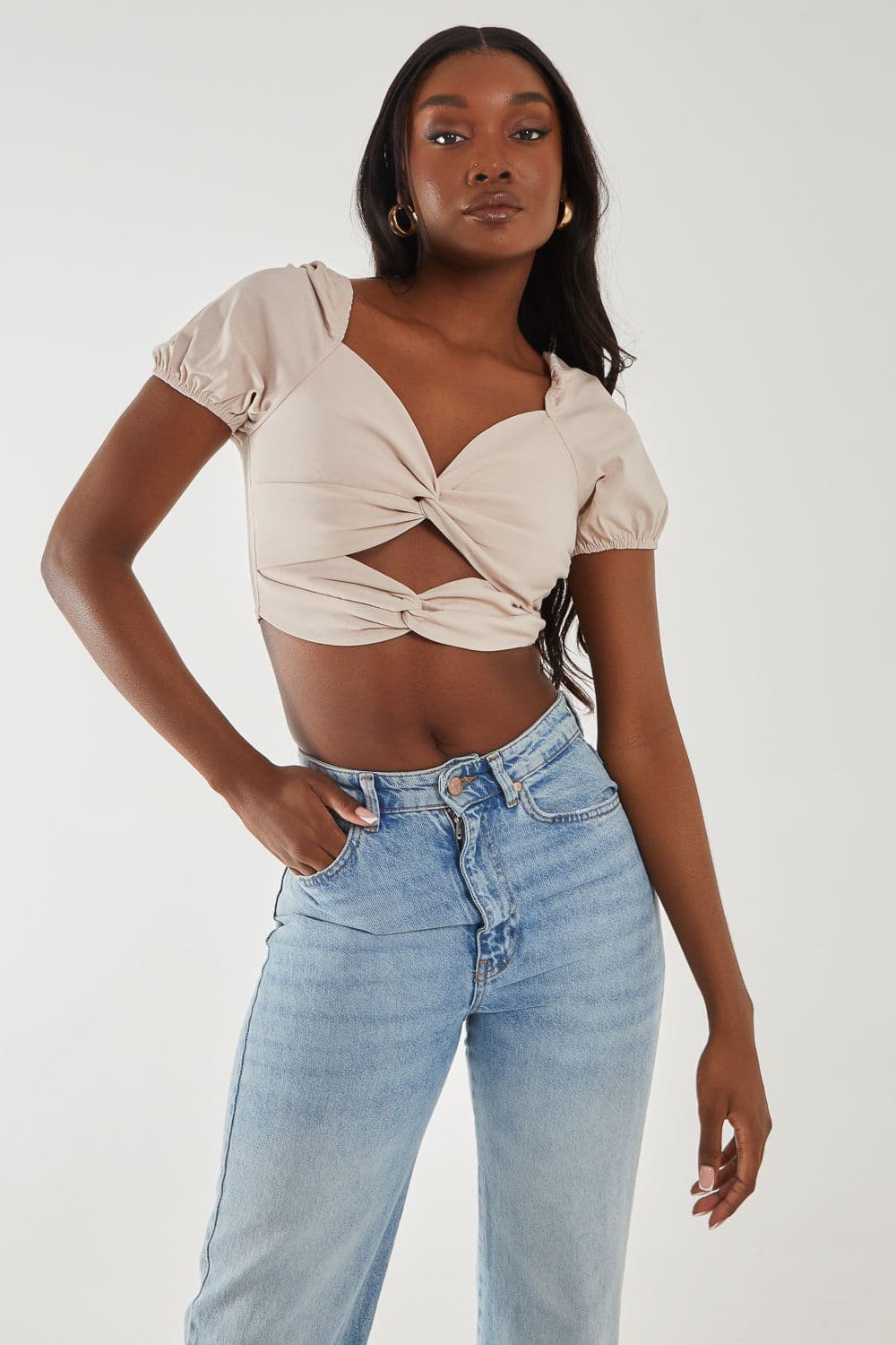 Pink Vanilla Women's Puff Sleeve Bengaline Cropped Top in Stone