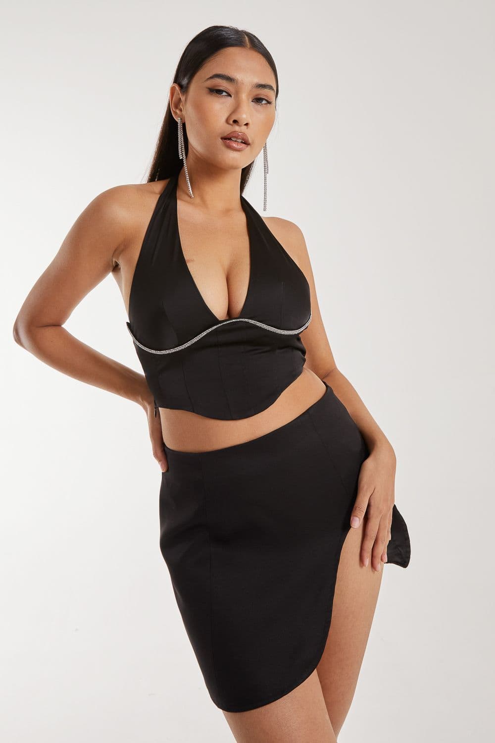 Pink Vanilla Women's Diamante Halter Neck Top in Black