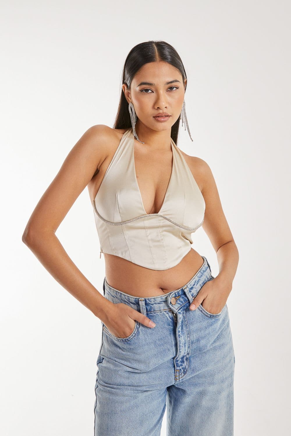 Pink Vanilla Women's Diamante Halter Neck Top in Gold