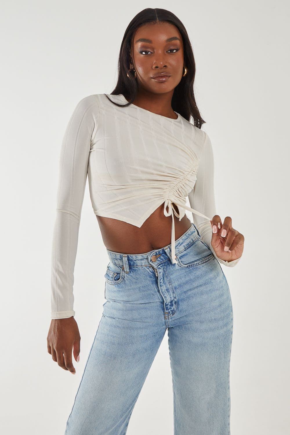 Pink Vanilla Women's Long Sleeve Ruched Asymmetric Top in Stone