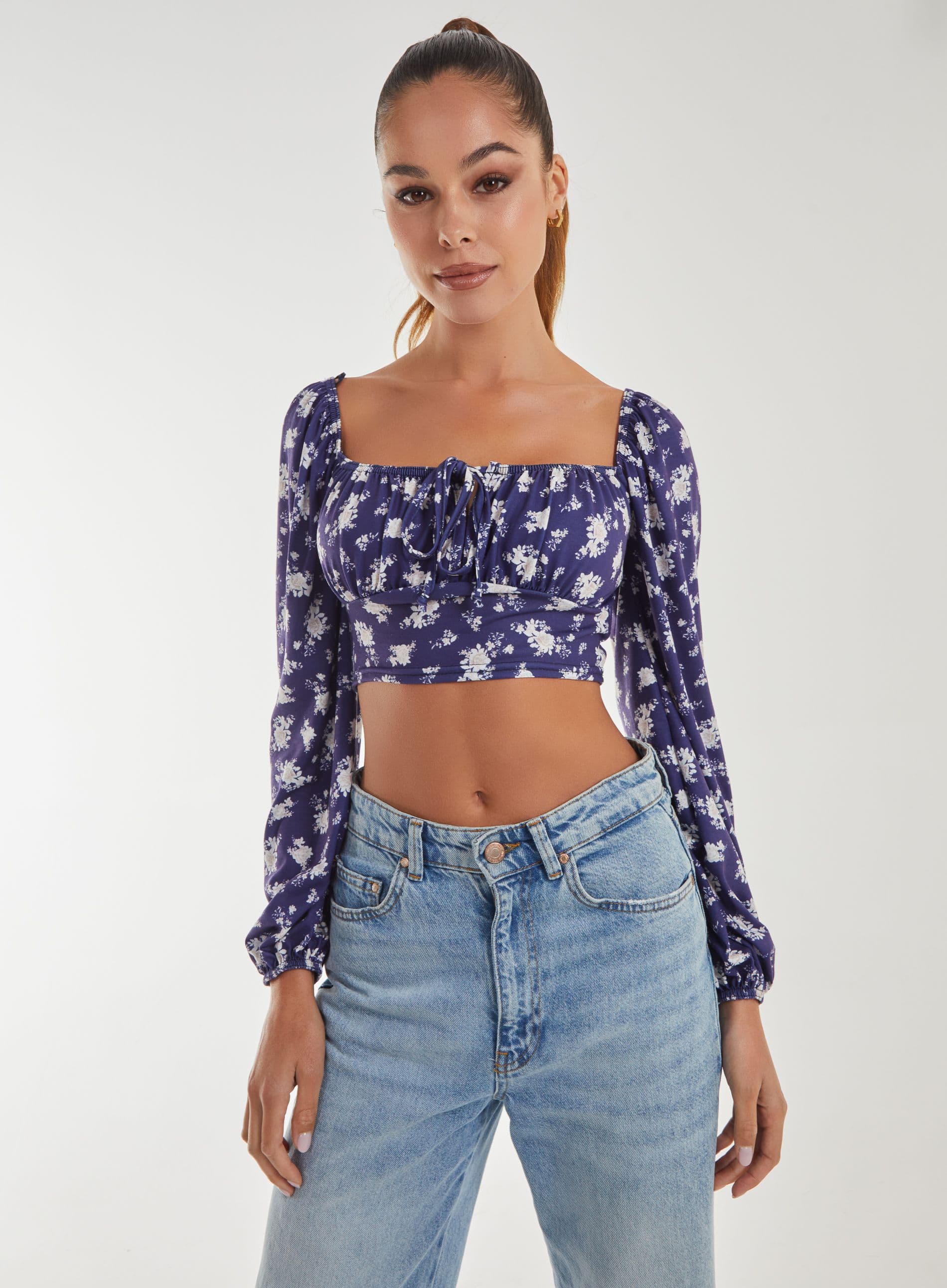 Pink Vanilla Women's Floral Printed Long Balloon Sleeve Top in Navy