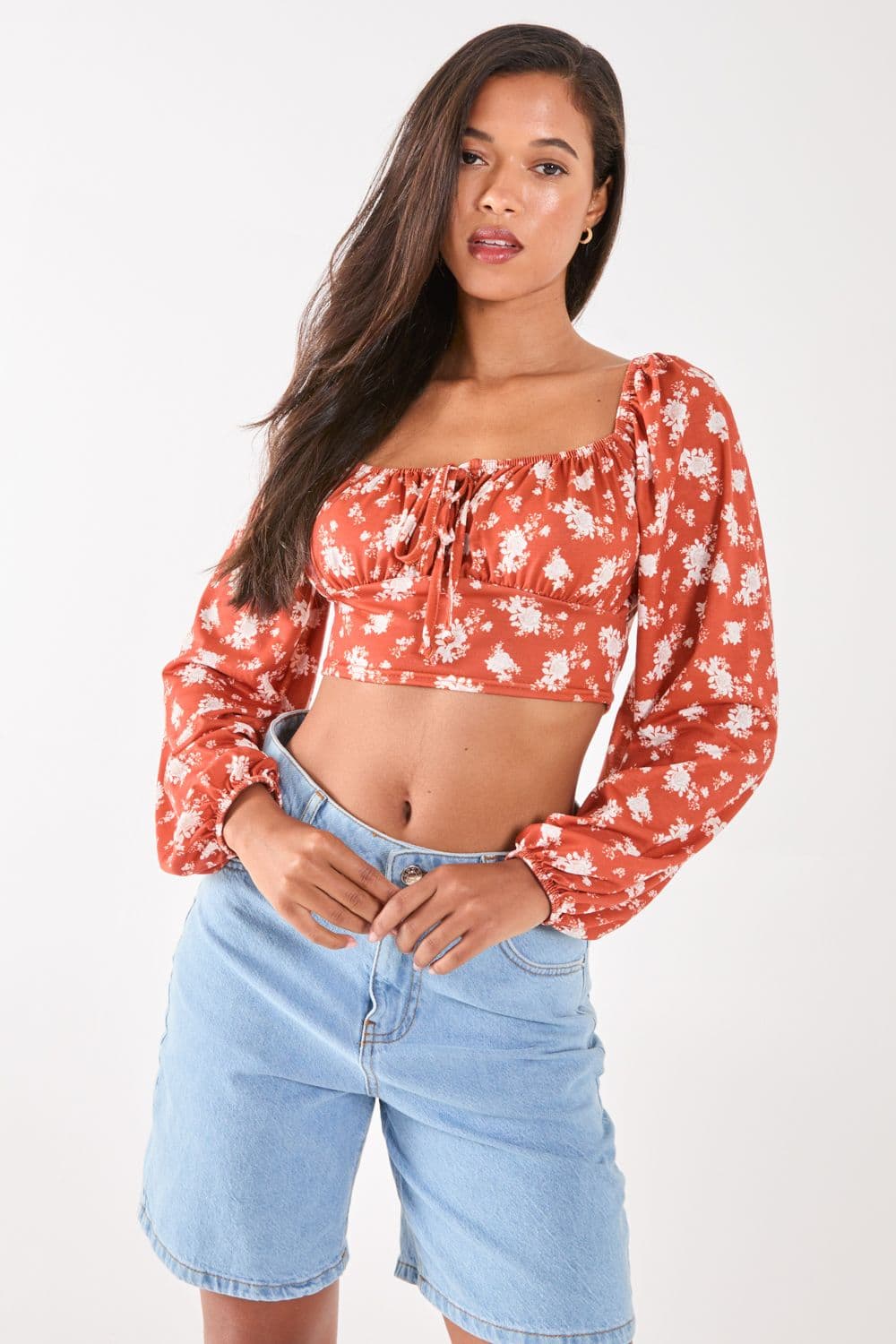 Pink Vanilla Women's Floral Printed Long Balloon Sleeve Top in Burnt Orange