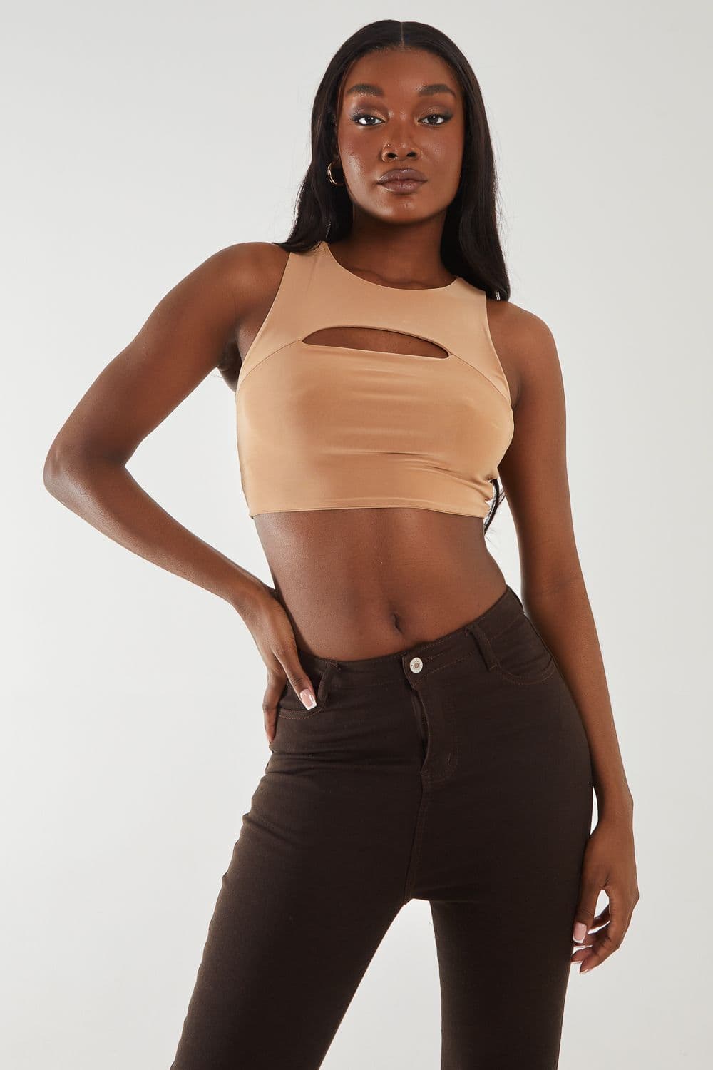 Pink Vanilla Women's Letterbox Crop Top in Camel