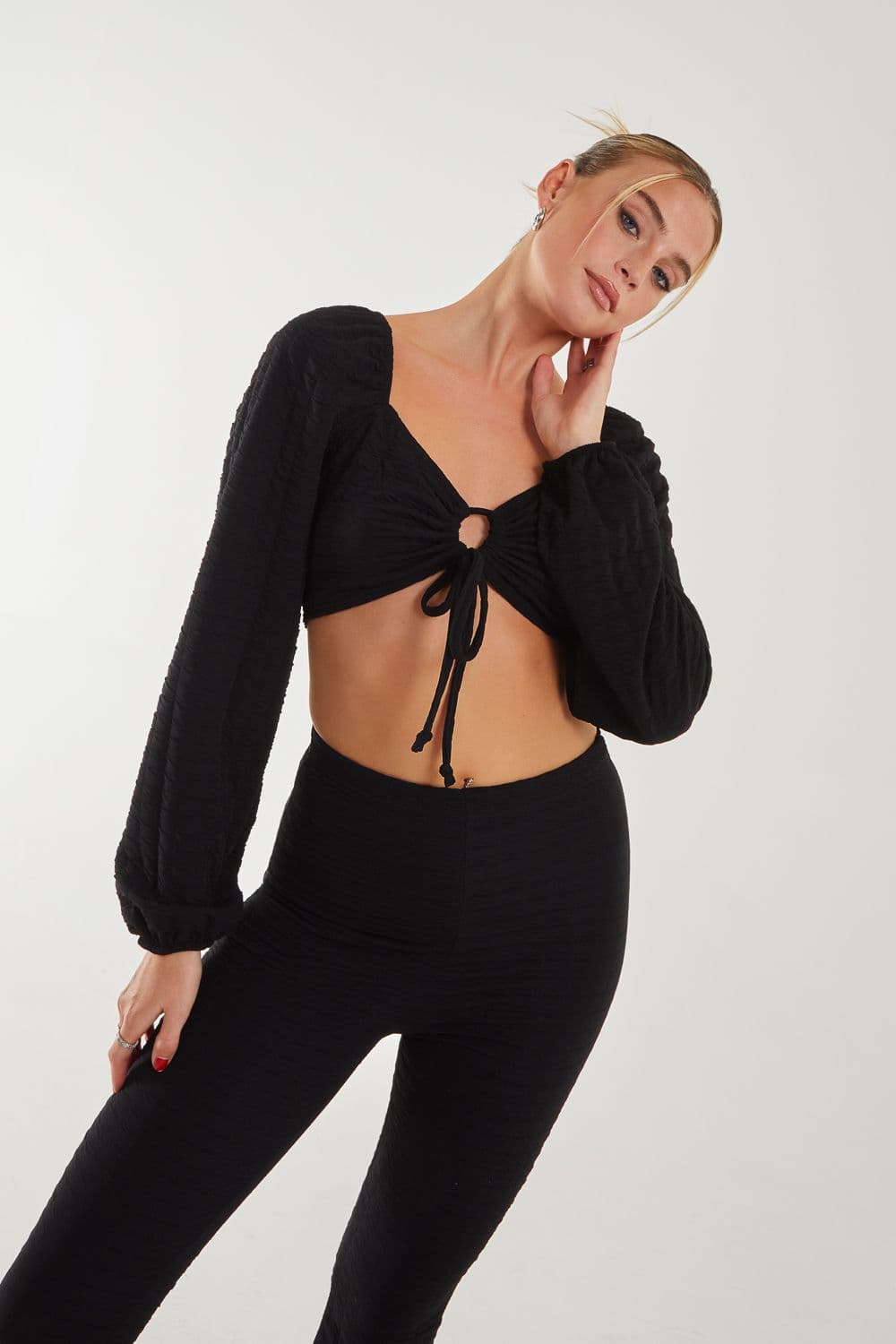 Pink Vanilla Women's Bubble Long Sleeve Top in Black