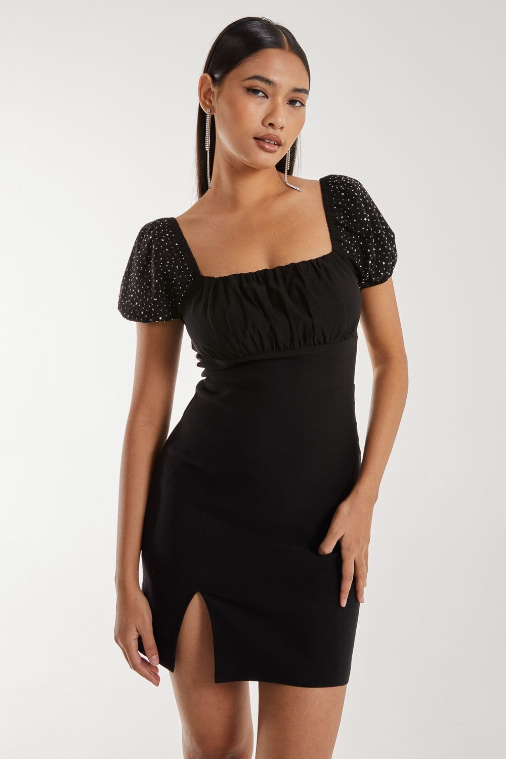 Pink Vanilla Women's Rhinestone Puff Sleeve Strap Back Dress in Black