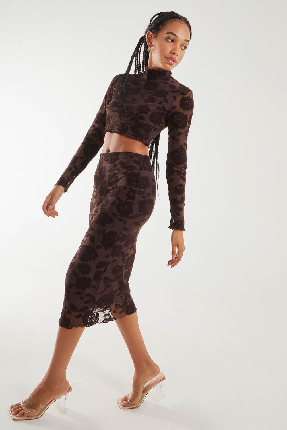 Pink Vanilla Women's Flocked Floral Midi Skirt in Chocolate