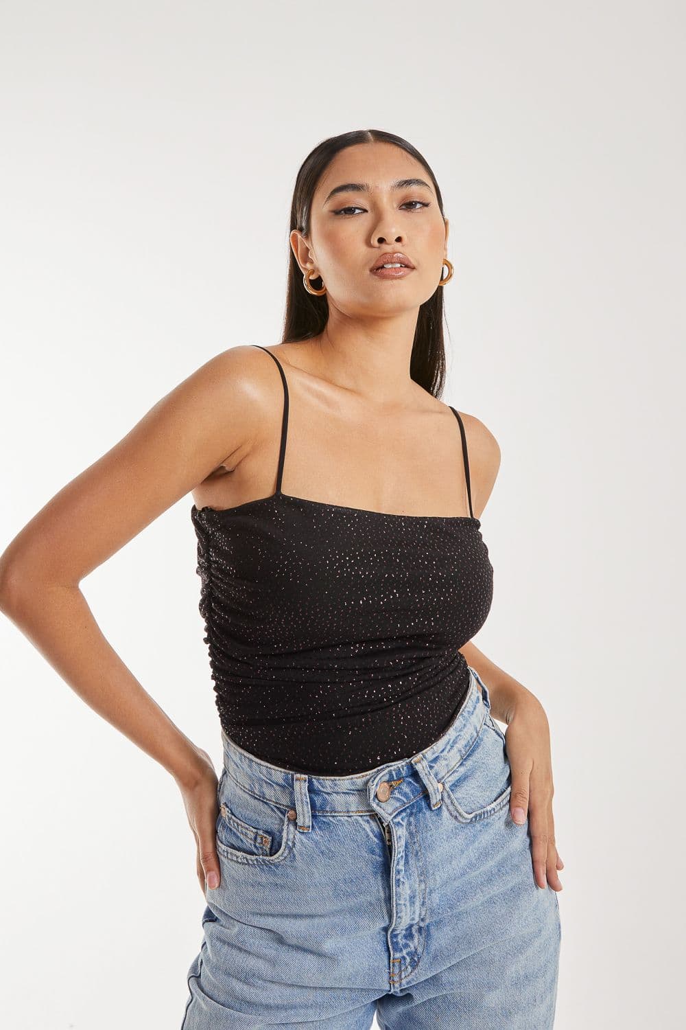 Pink Vanilla Women's Strappy Sparkle Mesh Bodysuit in Black