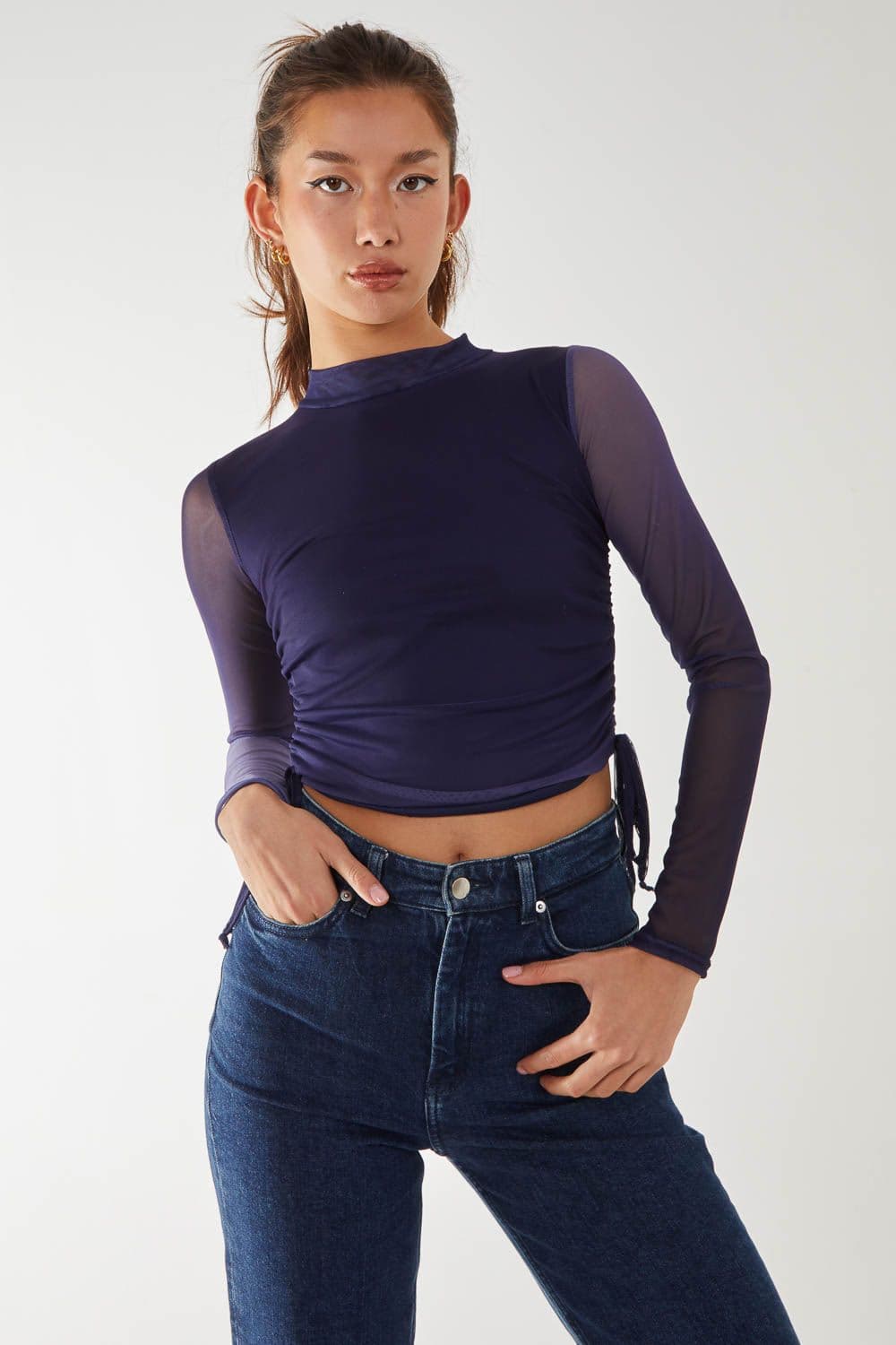 Pink Vanilla Women's Long Sleeve Ombre Mesh Top in Blue