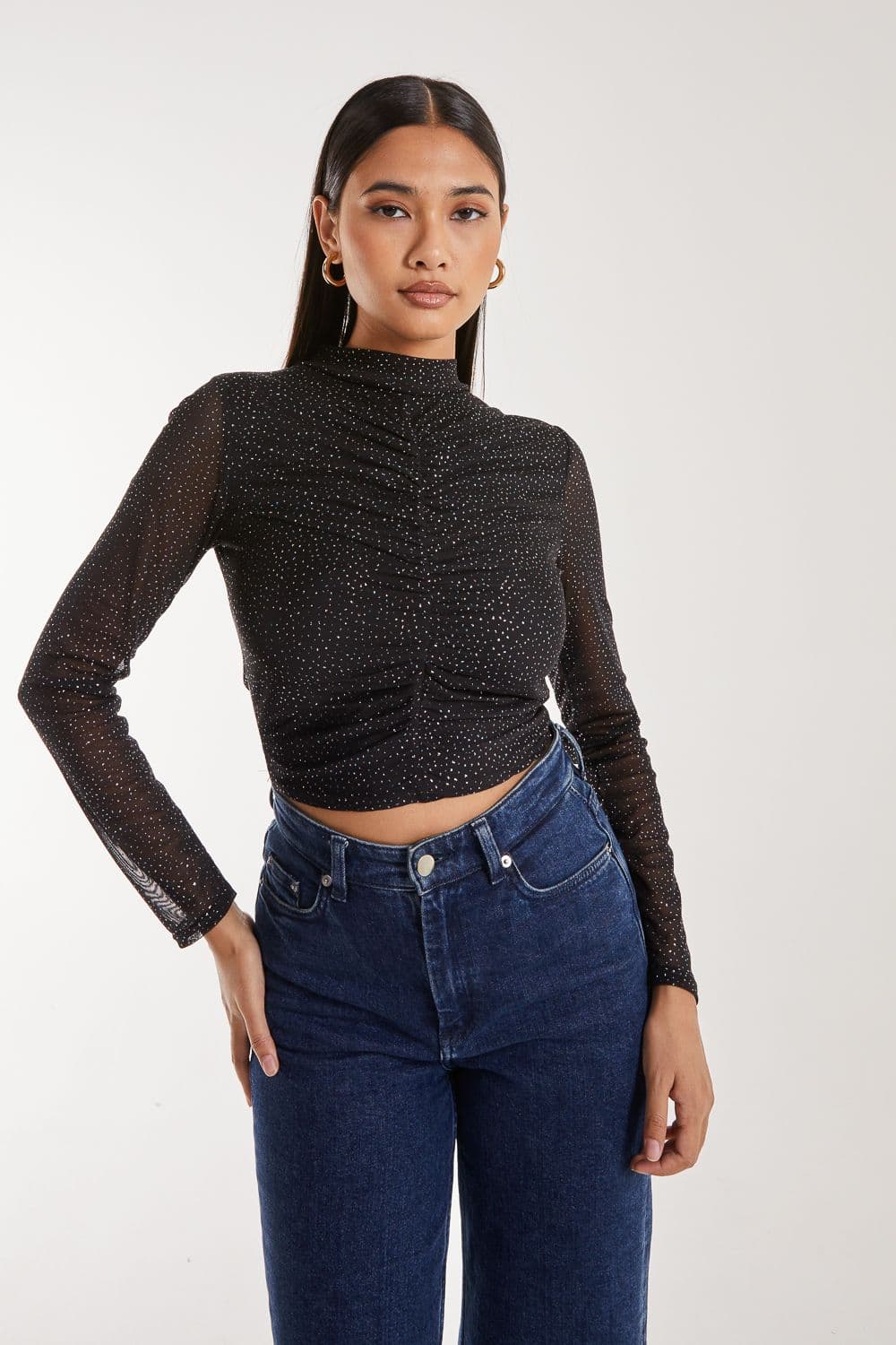 Pink Vanilla Women's Sparkle Long Sleeve Mesh Top in Black