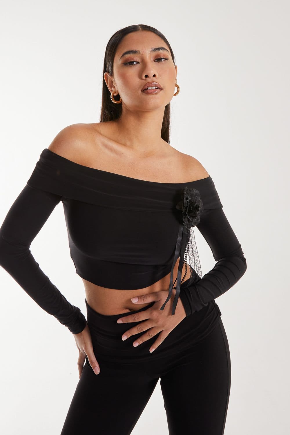 Pink Vanilla Women's Corsage Detail Bardot Long Sleeve Top in Black