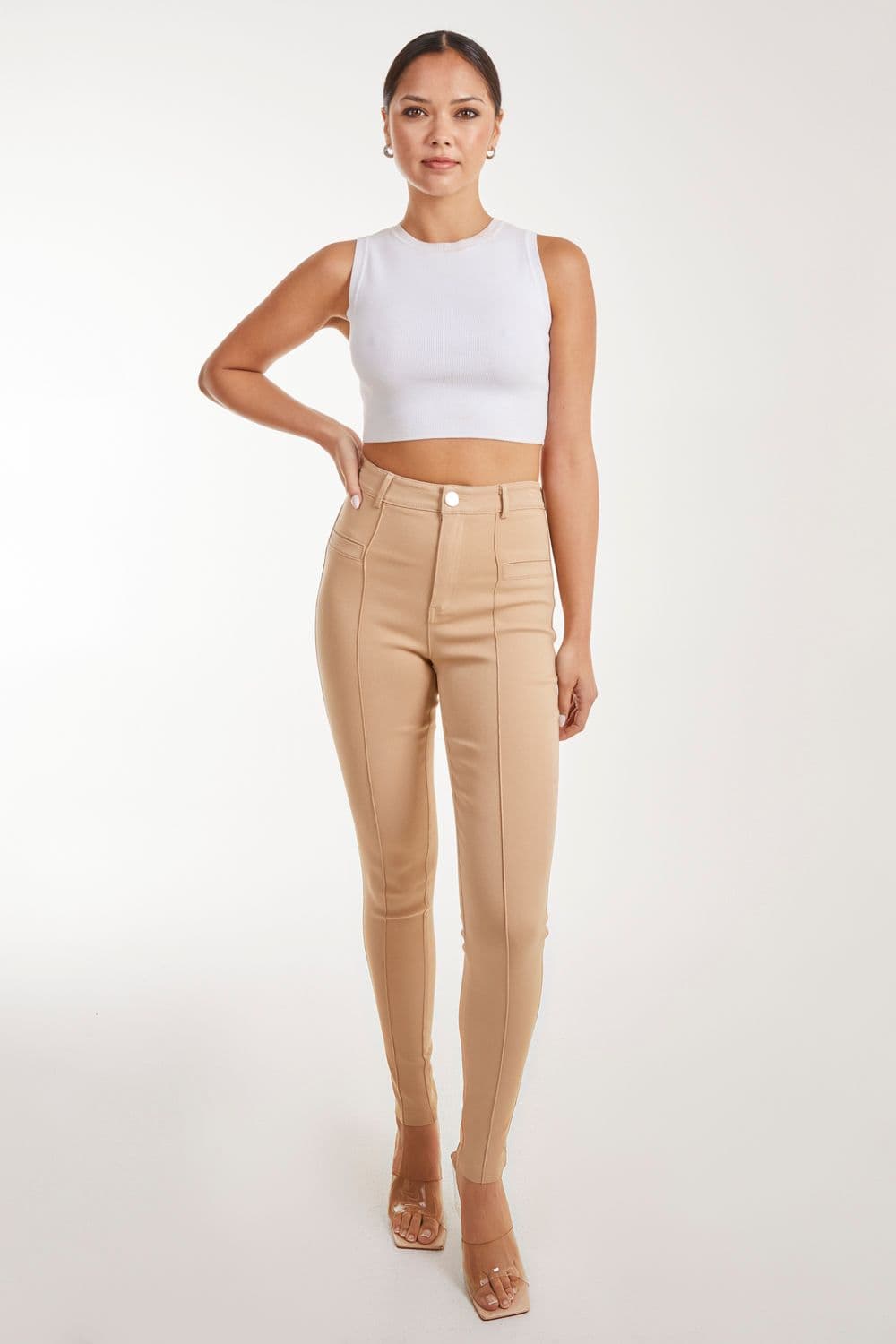 Pink Vanilla Women's Slim Fit Seam Detail Trousers in Stone