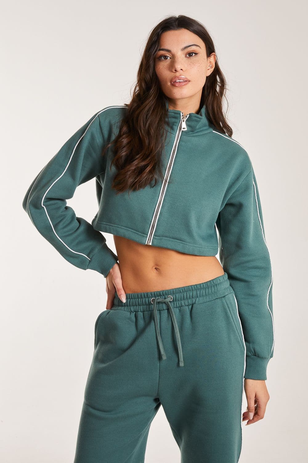 Pink Vanilla Women's Piping Cropped Zip Up Sweat in Green