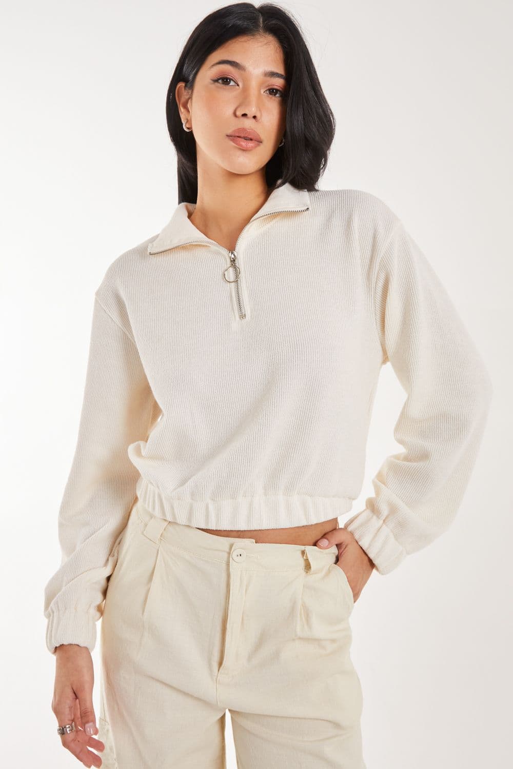 Pink Vanilla Women's High Neck Zip Up Cropped Sweateshirts in Stone