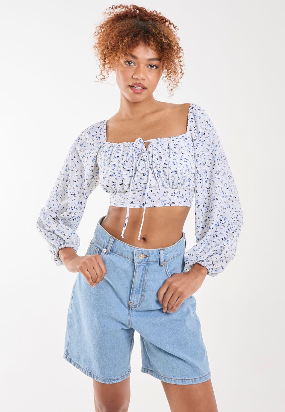 Pink Vanilla Women's Long Sleeve Cropped Milkmaid Top in Blue