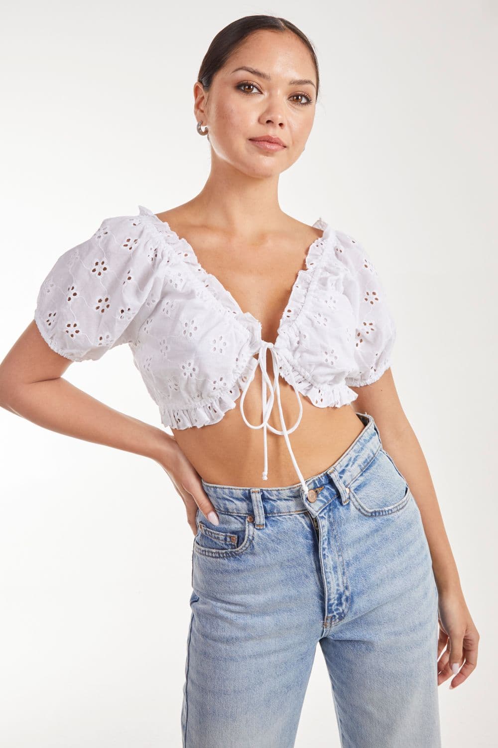 Pink Vanilla Women's Broderie Puff Sleeve Tie Top in Ivory