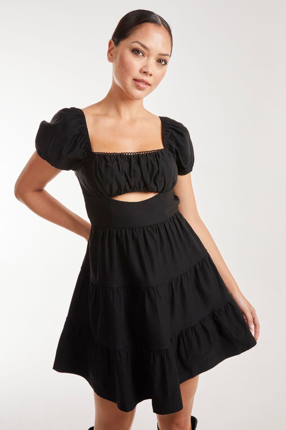 Pink Vanilla Women's Puff Sleeve Peekaboo Tiered Mini Dress in Black