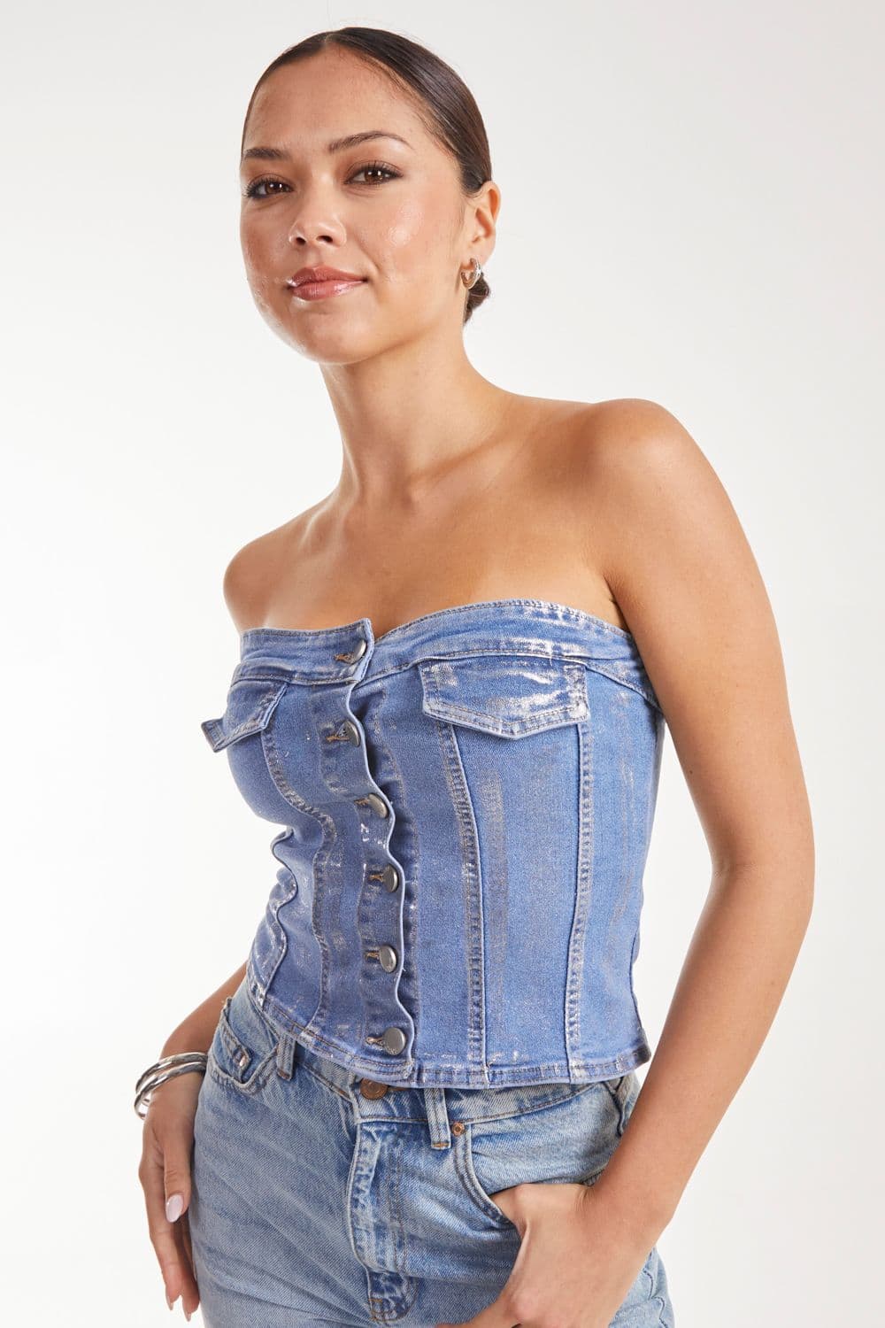 Pink Vanilla Women's Metallic Silver Foil Denim Corset Top in Blue