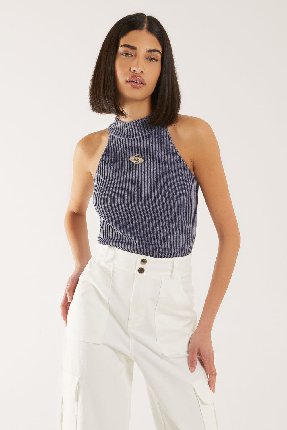 Pink Vanilla Women's High Neck Logo Detail Racer Top in Navy