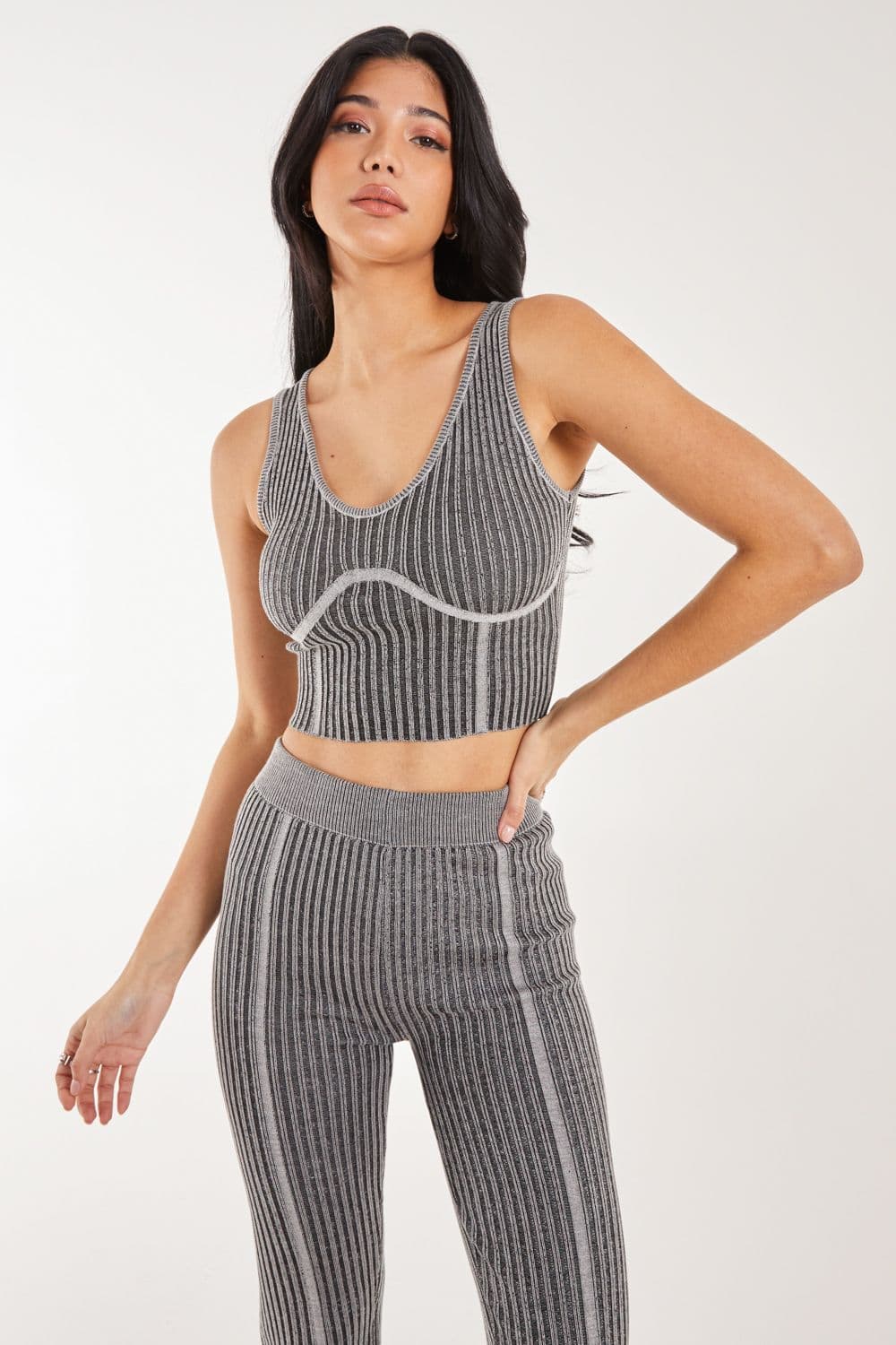 Pink Vanilla Women's Two Tone Rib Corset Detail Top in Black
