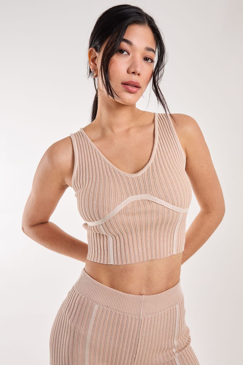 Pink Vanilla Women's Two Tone Rib Corset Detail Top in Beige