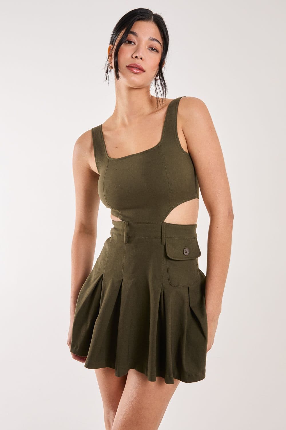Pink Vanilla Women's Utility Cut Out Pleated Mini Dress in Khaki