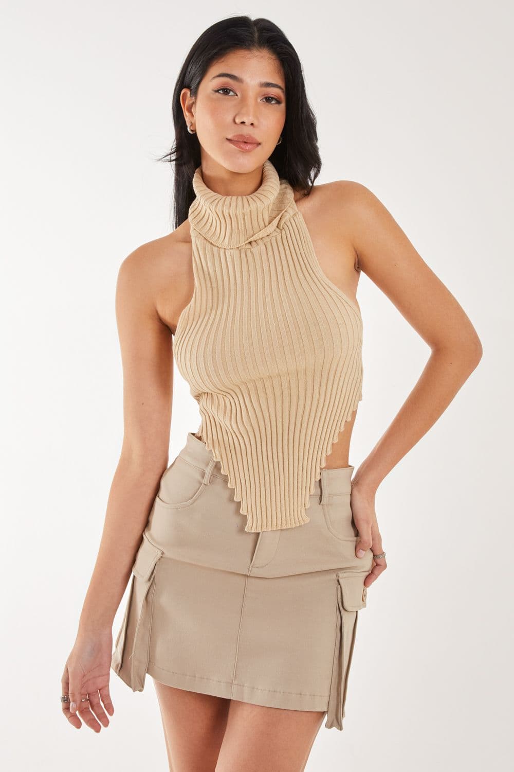 Pink Vanilla Women's High Neck Chunky Knit Halter Top in Stone