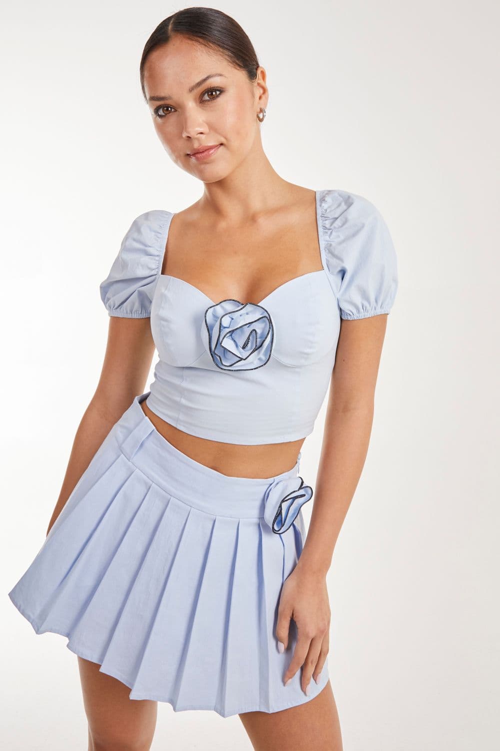 Pink Vanilla Women's Corsage Puff Sleeve Top in Blue